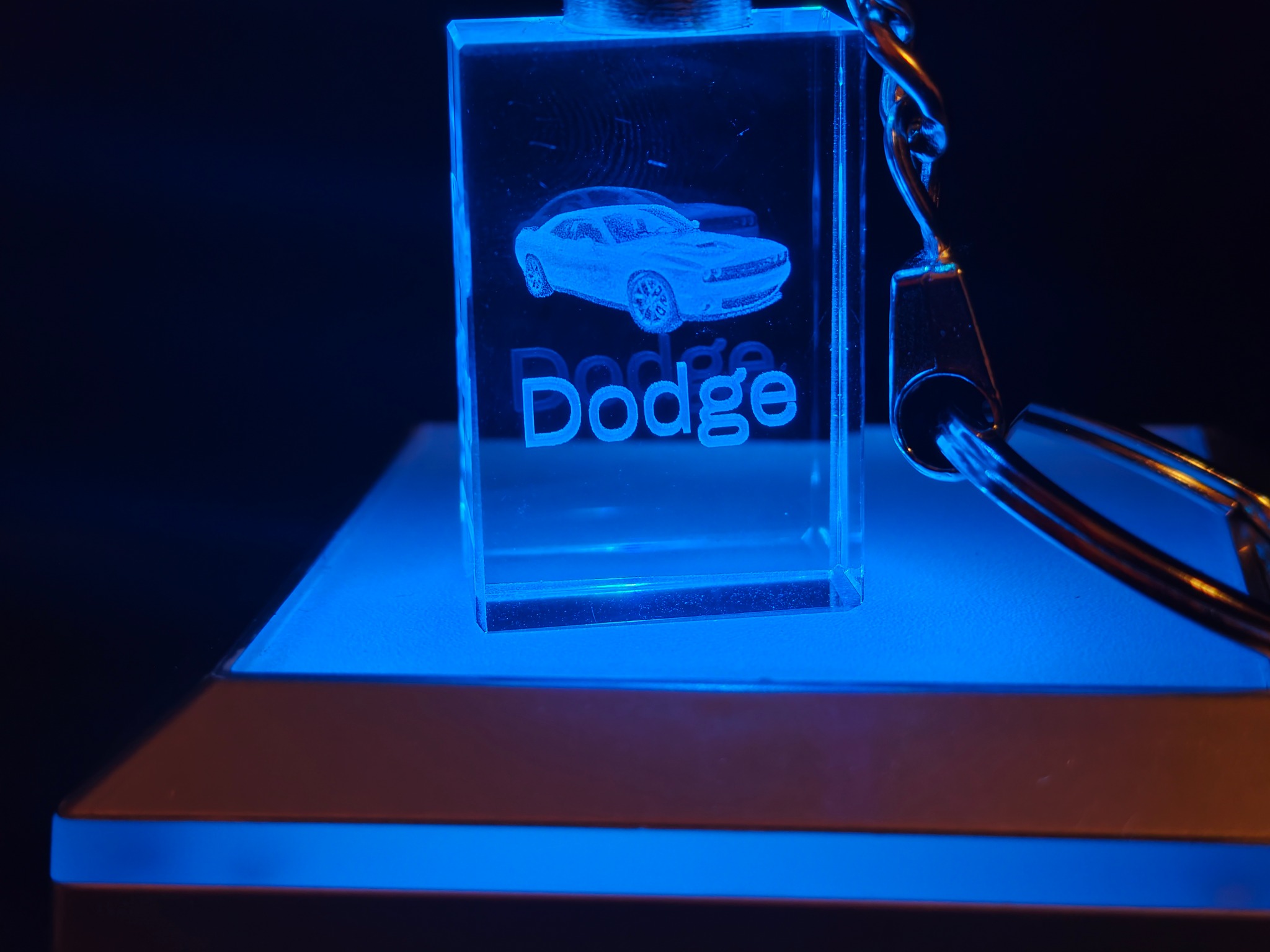 Dodge vehicle engraved in a crystal photo keychain with blue lighting